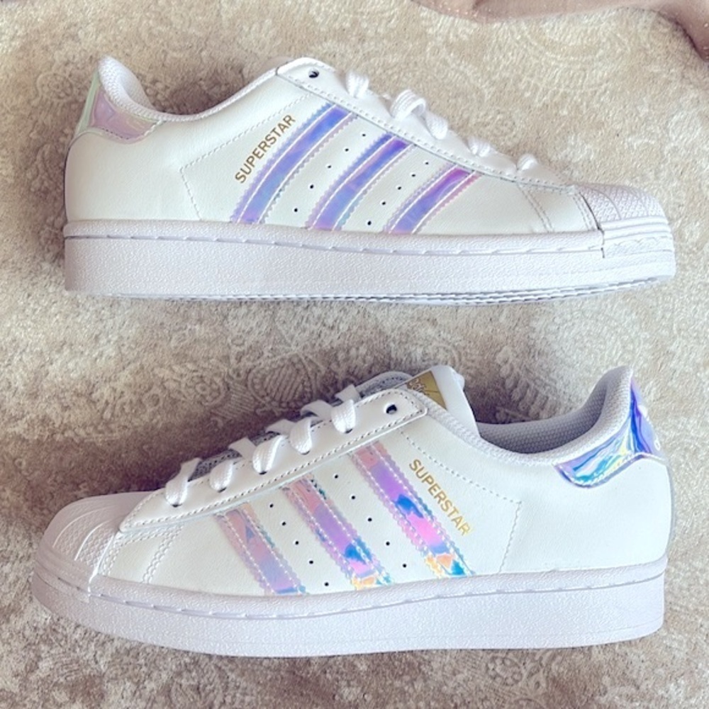 Brand New Adidas Originals Superstar White Lace Up Sneakers Iridescent 3-Stripe - Picture 7 of 16